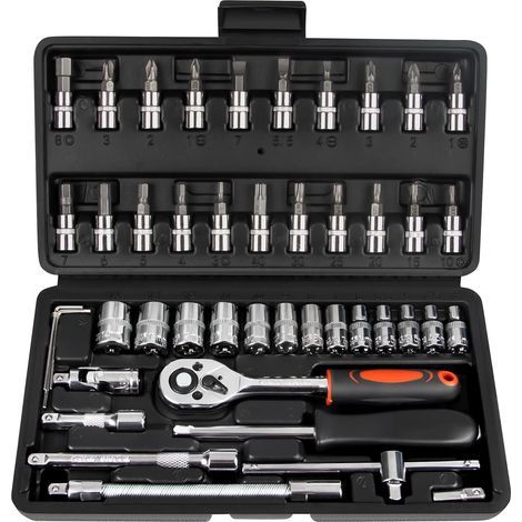 45-teiliger 1/4-Zoll-Ratschen-Steckschlüsselsatz mit Bits, metrischen Steckschlüsseln und Verlängerung für Reparaturen an Auto, Fahrrad, Motorrad und im Haushalt, inklusive schwarzem Aufbewahrungskoff