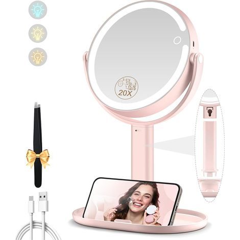 Cosmetic Mirror 20x, 3-color LED, rechargeable battery, storage base, for makeup (1/5)