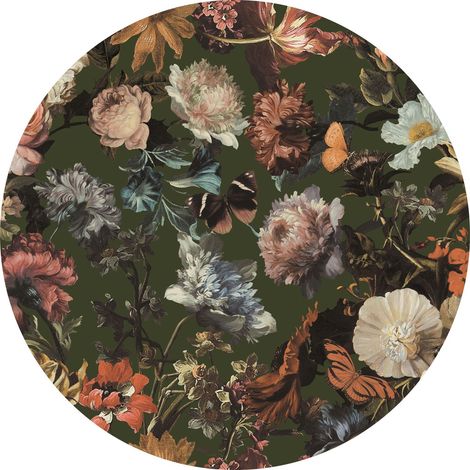 papier peint panoramique rond adhésif fleurs vert olive grisé  - ESTAhome (1/5)