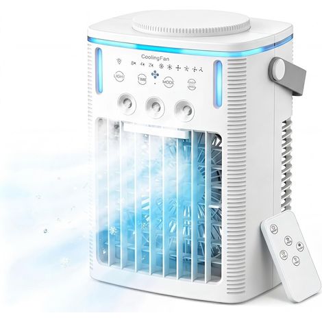 Ventilador portátil silencioso – mini aire acondicionado – temporizador de 2/4/8 horas – 3 velocidades – mando a distancia – nebulización refrescante – luz ambiental de 7 colores (1/5)