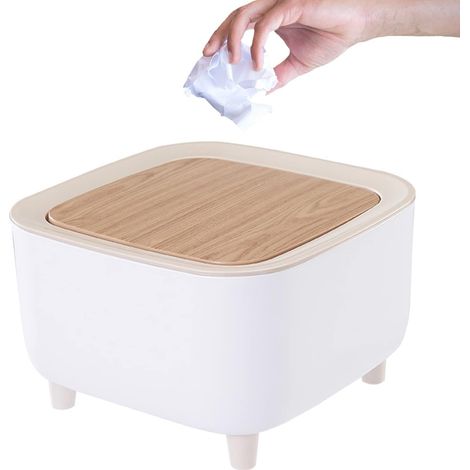 Mini Desktop Trash Can, Small Tabletop Trash Can with Button Lid, Tabletop Trash Can with Wood Look Lid, for Office, Bathroom, Kitchen and Bedroom, Food Storage (Style 2) Style 2 (1/5)