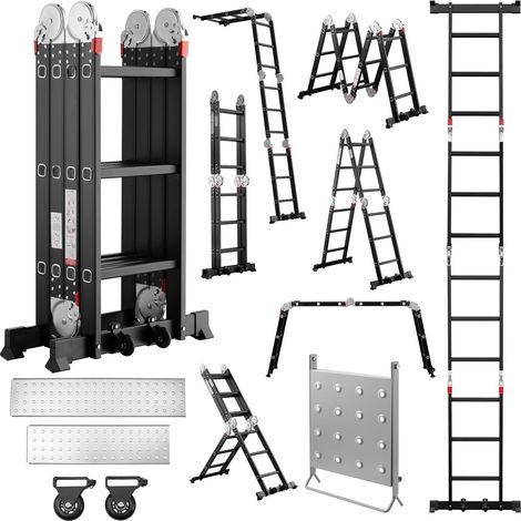 TEENO Escalera Multifunción 7 en 1, 3,6 M, 4 x 3 escalones, Escalera Plegable de Aluminio con 2 Plataformas, Soporte de Trabajo para Escalera, Patas de Goma, 2 Ruedas Extraíbles, Carga 150 kg, Negro (1/4)