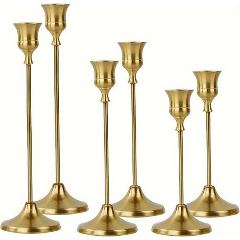 Bougeoirs en métal doré - Lot de 6 bougeoirs coniques décoratifs pour cheminée, mariage, Noël et centres de table (15/19/24 cm) (1/3)