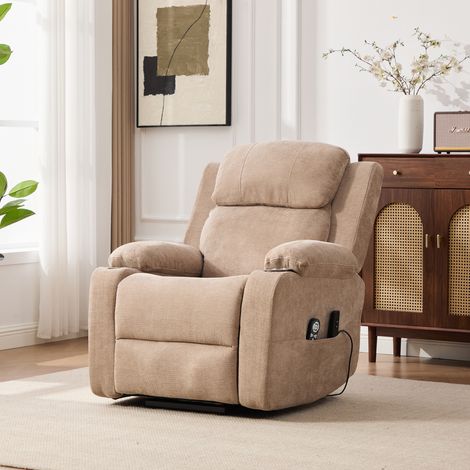 Fauteuil relax électrique multifonctionnel avec aide au relevage, fonction massage et chaleur, dossier et repose-pieds réglables ainsi que poches de rangement latérales et porte-gobelet. Taupe