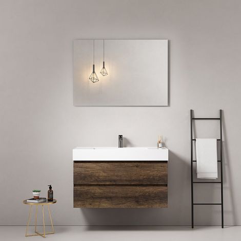 Mobile bagno sospeso 100 cm Bruno Scuro Lavabo in Resina Specchio Quadro - Fiji Wood