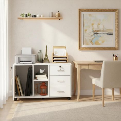 Armoire de bureau à roulettes verrouillable avec 3 tiroirs, rangement fermé et ouvert, idéale sous un bureau (1/5)
