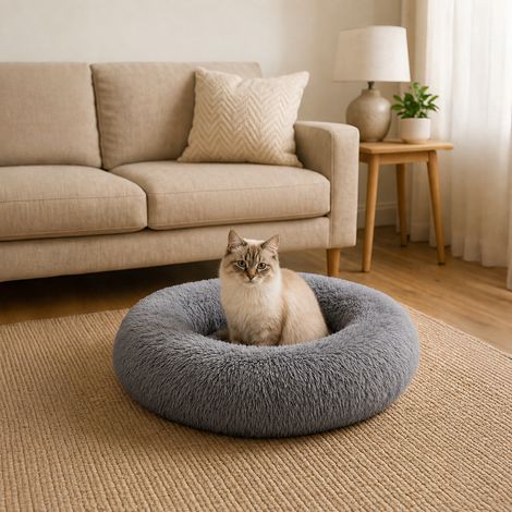 belviona Donut Katzenbett, weiches Katzenkörbchen mit flauschigem Plüsch, rutschfest & gemütlich, 60 cm Durchmesser, dunkelgrau (1/4)