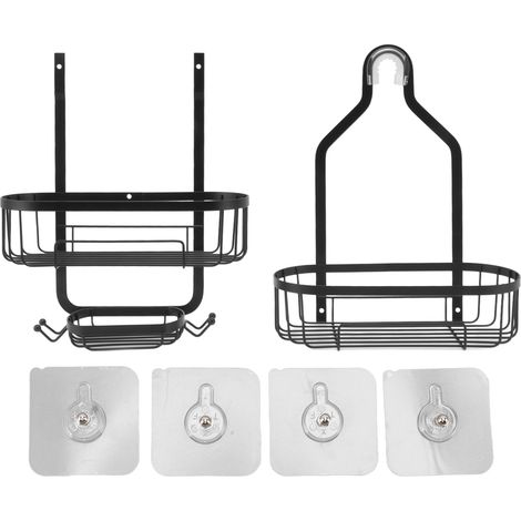 Panier de salle de bain mural en métal noir à 2 niveaux, sans perçage. Accessoires de salle de bain et de toilettes. (1/5)