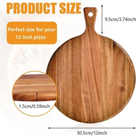 Lot de 2 planches à pizza en bois - Diamètre : 30 cm - Avec poignée - En bois d'acacia de qualité supérieure - Assiettes rondes de service et à découper pour pizza, tartes flambées, plateau (1/4)