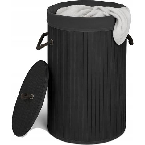 Panier à linge rond pliable en bambou 60 litres noir (1/5)