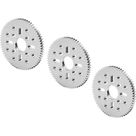 Satz von 3 geradverzahnten Zahnrädern, 4 Langlöcher und 12 Rundlöcher, Modul 0,8, Mittenbohrung 14 mm, Dicke 4 mm, Referenz 4312-0414-0064. (1/5)