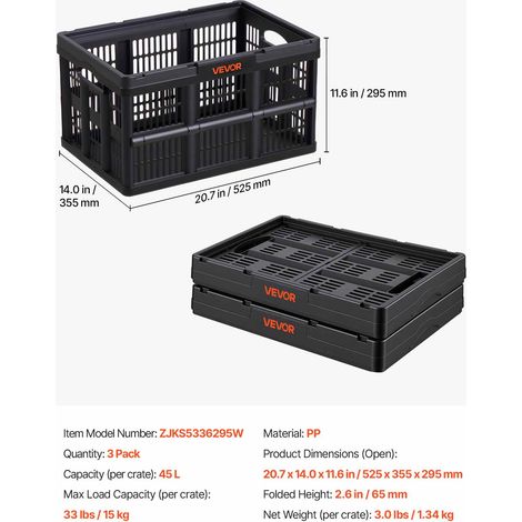 VEVOR Plastic Collapsible Storage Bins, 45L 3 Packs, Stackable Folding Storage Crates with Handles, Holds 33 lbs Per Bin, Foldable Heavy Duty Containers, Space-Saving Baskets, for Home Organizing (1/4)