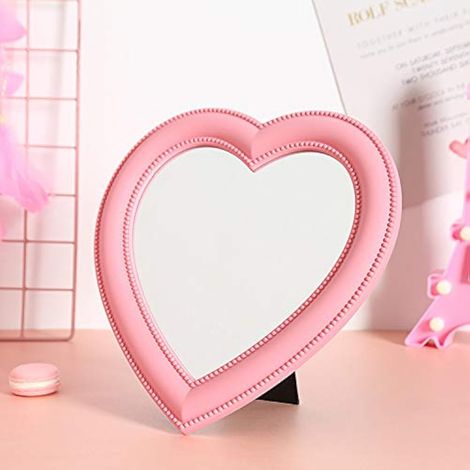 Espejo de maquillaje plegable de escritorio con forma de corazón, con soporte de mesa y soporte de pared para espejo cosmético (rosa) (1/5)
