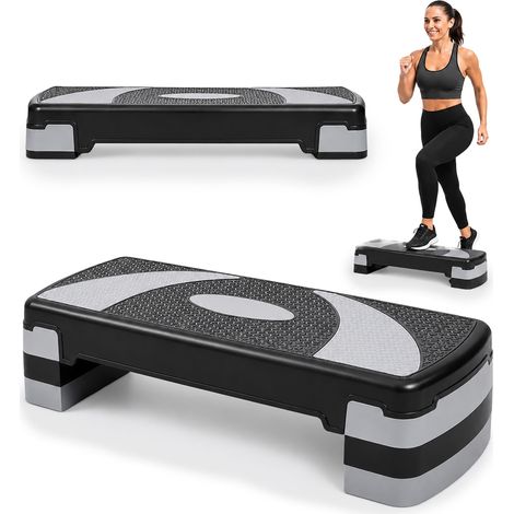 Relaxdays tabla de step, regulable en 3 alturas (10/15/20 cm), 78x29 cm, antideslizante, para casa, gris/negro (1/5)
