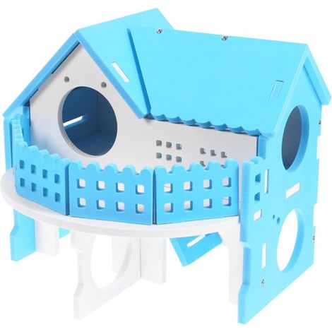 Casa para hámster, pequeño refugio ecológico azul y blanco, ideal para hámsters y mascotas pequeñas. Zona de juegos y cómodo refugio para dormir. Diseño espacioso. (1/4)