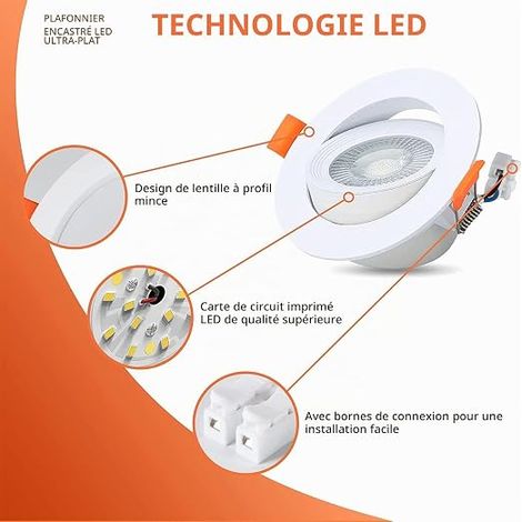 LED Spot Encastrable, Encastré Lampe Plafonnier Plat Rond, Lampe Plafond Orientable 40°, 650LM, 3000K Blanc Chaud, AC 220-240V, Spot de Plafond Angle 120° (1/4)