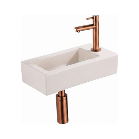 QeramiQ Fuente Lavabo pour WC - 38x18.5x9 cm - ceramique - trou de robinet de Lavabo pour WC a droite - robinet de Lavabo pour WC cuivre brosse - (1/5)