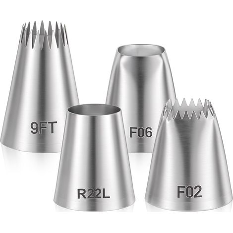 Lot de 4 douilles de glaçage extra larges en acier inoxydable sans soudure, pointe de buse de douille ronde, étoile, carrée, large, géante, pour décoration de gâteau d’anniversaire (1/5)
