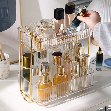 Organisateur de maquillage à 2 niveaux pour salle de bain, étagère de rangement transparente pour cosmétiques, grande capacité, idéale pour la commode ou la chambre. (1/5)