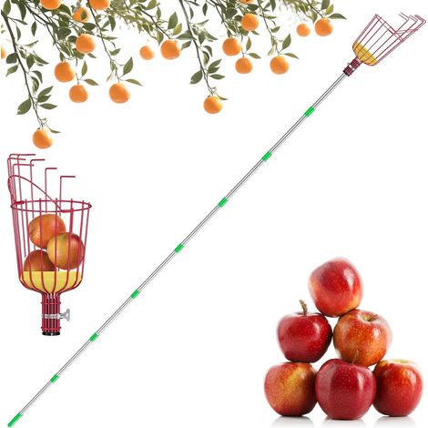 Cueilleur de pommes avec manche télescopique 3.2 m, cueilleur de fruits avec panier à tête rouge, poteau de connexion en métal et acier inoxydable, 6 pièces pour pêcher, oranger, citronnier (1/5)