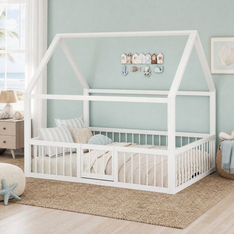 DESMIU Lit Cabane Lit Double avec Barrière 140 × 200 cm, sans matelas, en Métal, Blanc