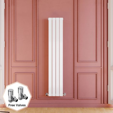 ELEGANT 1600 x 300 mm White Designer Vertical Column Radiator Single Flat Panel High Heat Output + Angled Radiator Valves (1/5)