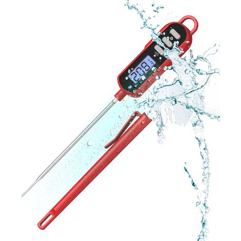 Küchenthermometer, sofort ablesbares Küchenthermometer mit langer Sonde und LCD-Display, IPX6 wasserdicht zum Kochen, Backen, Fleisch, Heißgetränken, Grillen – Rot