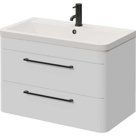 Oslo Gloss White 800mm Wall Mounted 2 Drawer Vanity Unit with Anya Basin - 800mm - Matt Black 320mm Handle