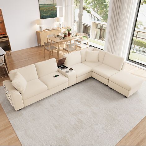 Divano angolare modulare 311x139x85 cm, 6 posti, con chaise longue contenitore, consolle mobile, corduroy beige (1/5)