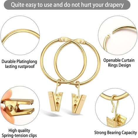 Gardinenringe, 20 Stück, Gardinenringe mit Clips, Set dekorativer Metallhaken, 50 mm Innendurchmesser, goldfarben, rostfrei, leicht zu öffnende Gardinenringe