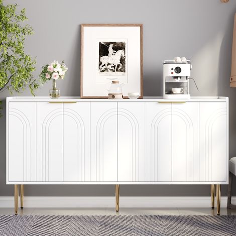 Aparador con 4 puertas, compartimentos de almacenamiento, para salón, de madera, patas de metal, blanco (1/5)
