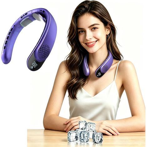 Ventilateur sans pales à porter autour du cou, 4 turbines - portable, batterie 4000 mAh, ventilateur personnel rechargeable par USB, 3 vitesses, flux d'air frais à 360°, parfait pour le bureau et les (1/5)
