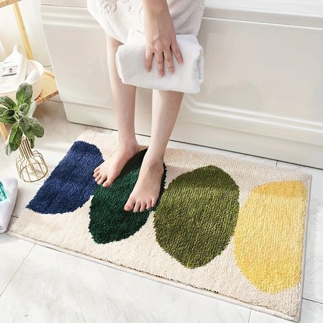 Tapis de bain antidérapant et absorbant – Tapis d’entrée lavable en fausse fourrure de mouton, motif feuilles colorées, 40 x 60 cm – Idéal pour salle de bain, WC ou entrée-lsw