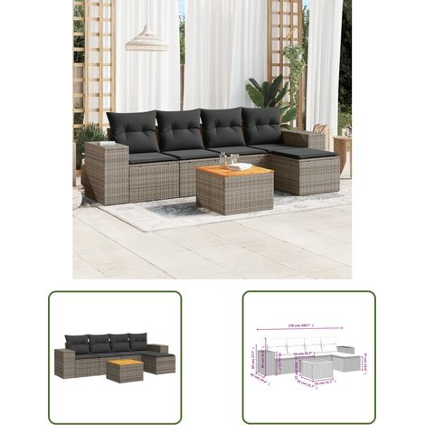 The Living Store 6-tlg. Garten-Sofagarnitur mit Kissen Grau Poly Rattan - Gartenmöbel Set - PE-Rattan Möbel - Outdoor Lounge - Esstisch Set - Balkonmöbel (1/3)