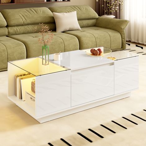 Table basse 105x50x35 cm blanche avec LED, 2 tiroirs, verre trempé et rangement MEUBLIV (1/5)