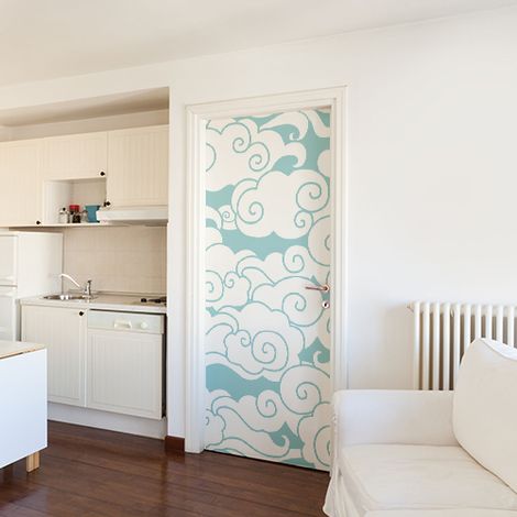 Sticker Mural Nuages Blancs sur Fond Bleu, 204x83cm, Autocollant Déco Intérieure pour Porte (1/4)
