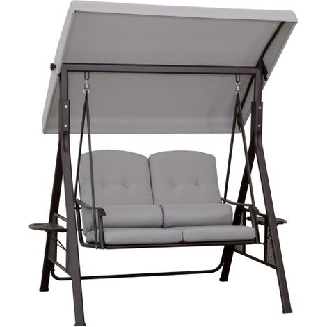 Balancelle de Jardin 2 Places Hollywoodschaukel avec Toit Convertible Coussin et Plateau Repas Extérieur Terrasse Métal et Polyester Moderne Résistant Intempéries Gris 162x118x173cm (1/5)