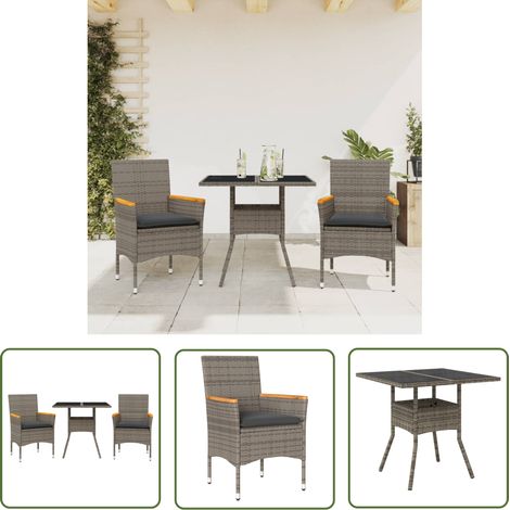 The Living Store 3-tlg. Garten-Essgruppe mit Kissen Grau Poly Rattan und Glas - Gartenmöbel Set - Outdoor Möbel - Esstisch - Gartenstühle - Rattan Gartenmöbel (1/5)