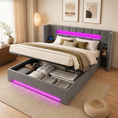 Cama abatible 180/200 cm de terciopelo gris oscuro con USB, LED y almacenaje (1/5)