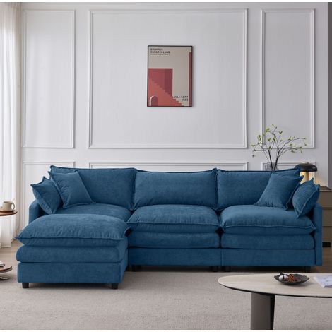 Divano angolare modulare 3 posti con chaise longue e pouf, in ciniglia blu DESVIAE (1/5)