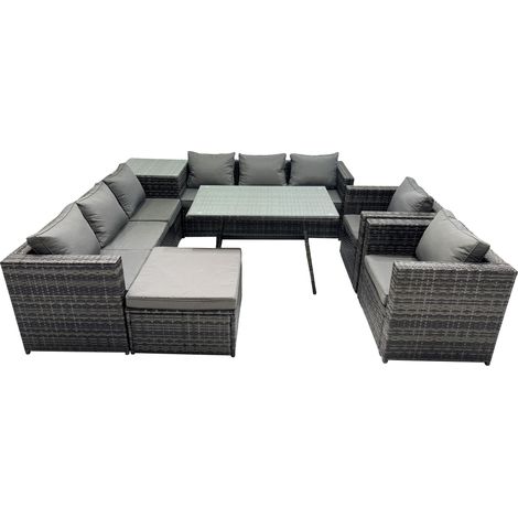 Fimous Outdoor Corner Sofa Chair Dining Table Set Garden Rattan Furniture Set 9 Seater with Big Stool Side Table Dark Grey (1/5)