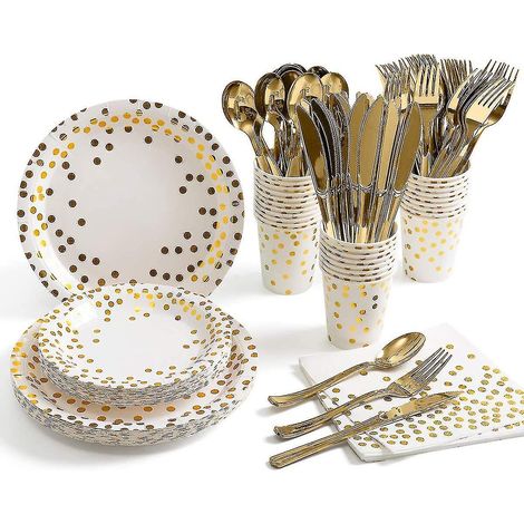 Ensemble de 175 pièces de vaisselle jetable dorée pour 25 personnes : assiettes, serviettes et gobelets à pois dorés. Idéal pour mariage, enterrement de vie de jeune fille, naissance, etc. – Blanc et (1/3)