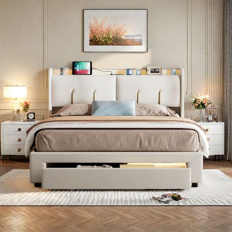 Lit tapissé 160 x 200 cm, lit tiroir, tête de lit avec LED, port de charge USB, lit double, lit adulte, lit dossier avec rangement et sommier à lattes, lit coffre, velours, beige (1/5)
