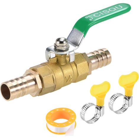 Robinet à Tournant Sphérique Vanne Arrêt 16mm Tuyau Barbillon Tuyau Tube Raccords 90 Degré Opération Poignée Laiton Valve avec Tuyau Pinces et Fil Ruban Étanchéité 1 Ensemble (1/4)