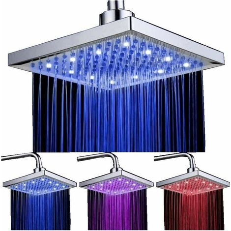 LED Shower Head, 8-inch Square, Temperature Control, 3 Color Changing, ABS Chrome Finish (1/5)