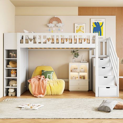 Lit en mezzanine, 90200 cm, échelle de rangement, étagères, armoires de rangement à charnières, espace dressing sous le lit, poignées d'amour, blanc (1/5)