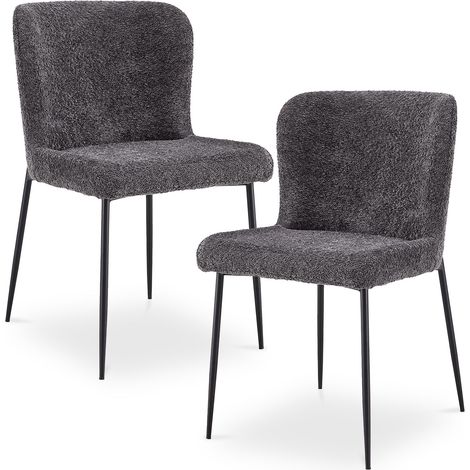 AZEL Lot de 2 chaises tissu bouclette gris anthracite piètement métal noir (1/5)