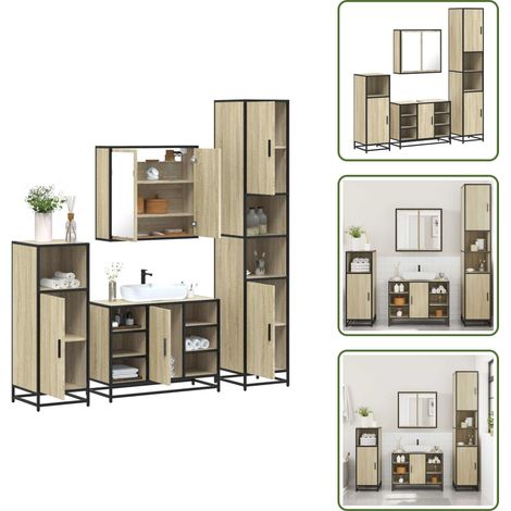 The Living Store Juego de muebles de baño 4 pzas contrachapada roble sonoma - Armario de baño