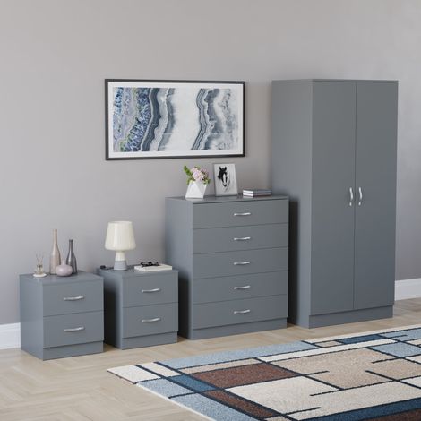 Riano 4 Piece Bedroom Set (2 Drawer Bedside Chest, 5 Drawer Chest, 2 Door Wardrobe) Grey (1/5)