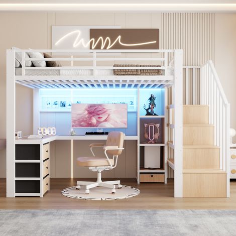 Lit superposé 90x200cm - structure métal - bureau intégré - 4 tiroirs - étagères et grille - led par application - escalier avec rangements - capacité 250kg - blanc (1/5)